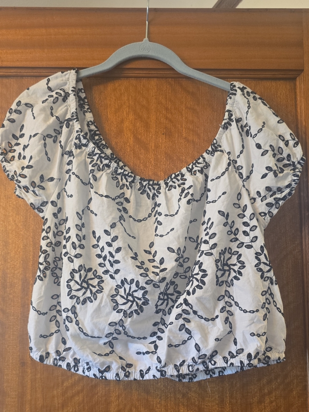 American Eagle Outfitters White Crop Top with Black Embroidery
